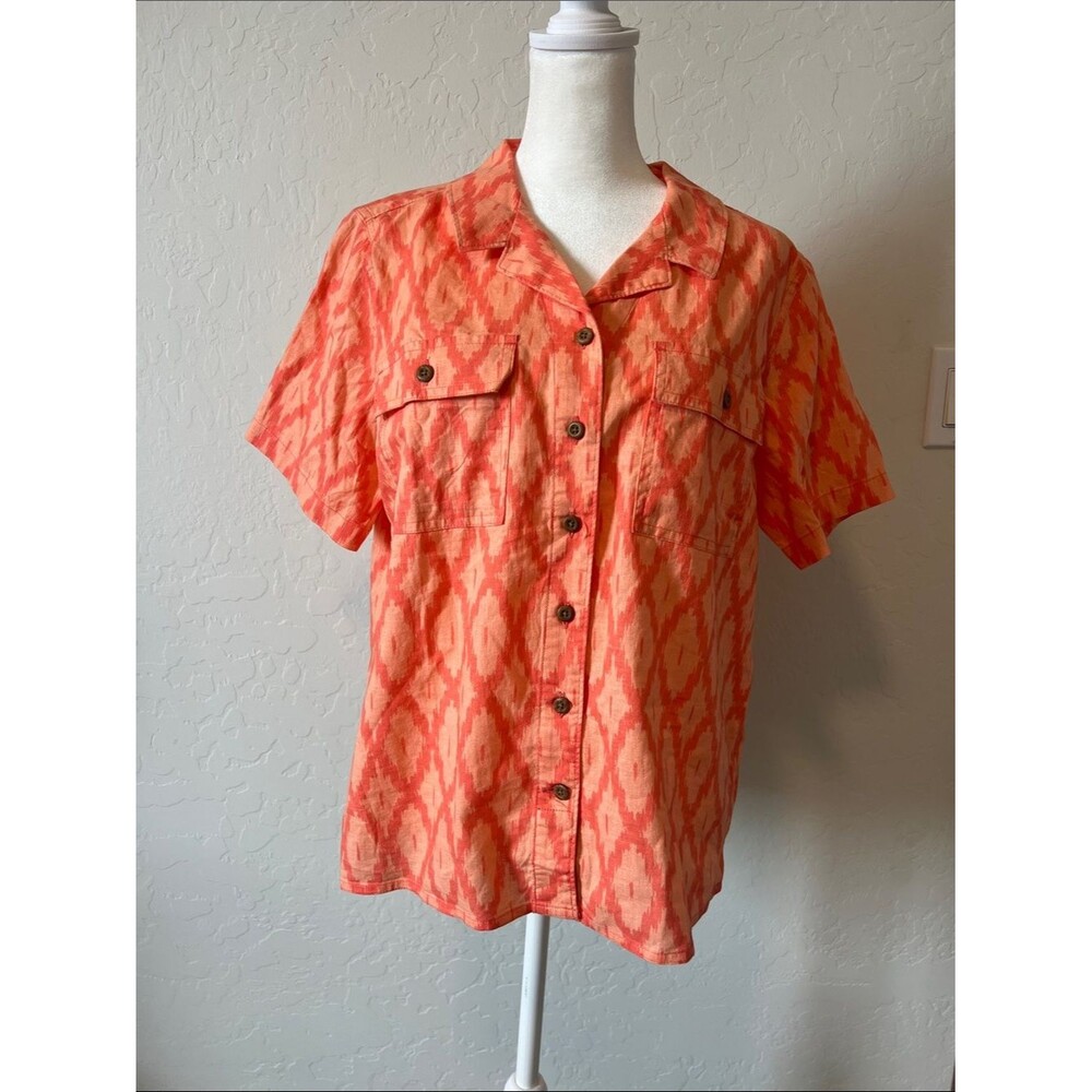 Duluth Trading Hemp Cotton Orange Ikat Button-Front Short Sleeve Shirt Medium